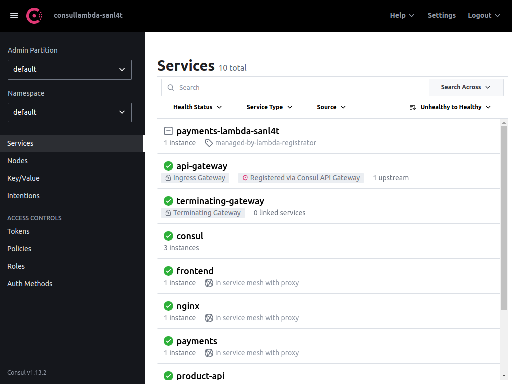 A screenshot of the Consul Services user interface, with the lambda-payments service listed at the top of the services page