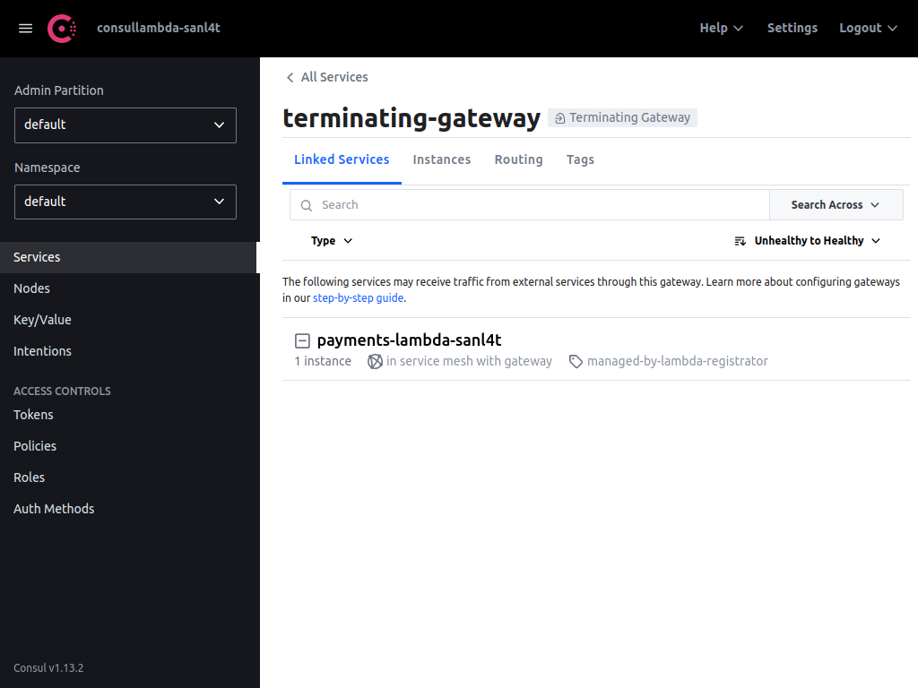 A screenshot of the Terminating Gateway UI, displaying "payments-lambda" as a linked service